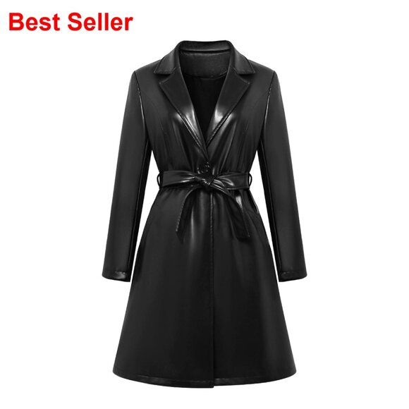 Faux Leather Trench Coat with Removable Belt Motorcycle Biker Jacket